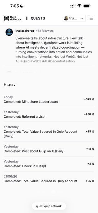 The image shows a phone screen displaying a list of completed tasks for a user named @quipnetwork. The tasks include a total of 20 completed checks, with some of them being about intelligence networks or infrastructure. The user has already sent out 10 emails, and they are waiting for responses from the recipients. The post also mentions that the project is at the top of the Quantum computing trend, which could be related to the content displayed on the screen.