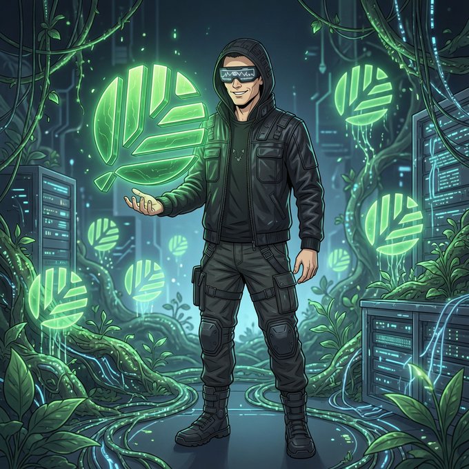 A hooded figure in tactical gear with sunglasses stands in a cyberpunk server room overgrown with glowing green foliage, holding a holographic leaf-shaped emblem.

The image reinforces the post's theme of organic, natural growth in tech—the bioluminescent greenery overtaking the cold servers visually mirrors CNPY Network's philosophy of letting blockchains "grow the natural way" rather than forcing scale or remaining confined as locked apps.