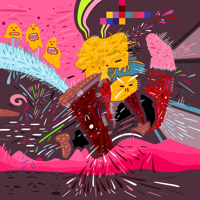 A vibrant, chaotic digital illustration featuring a yellow character with spiky hair wearing red boots and wielding a colorful weapon, set against a pink and dark purple background with splash effects and floating cartoon faces.