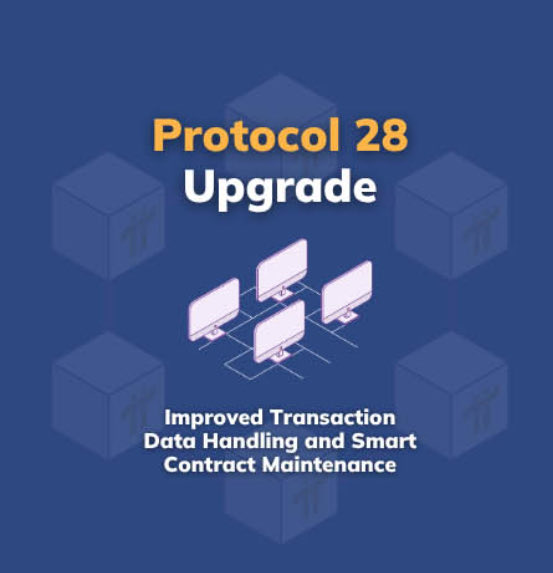 A promotional graphic for a 'Protocol 28 Upgrade' featuring blue blocks, computer monitors, and text about 'Improved Transaction Data Handling and Smart Contract Maintenance'.