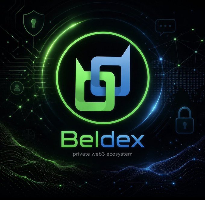 The image displays the Beldex logo—interlocking blue and green “B” shapes inside a glowing green circle—with the name “Beldex” and the tagline “private web3 ecosystem” set against a dark, tech‑styled backdrop of circuit lines, network nodes, and security icons.