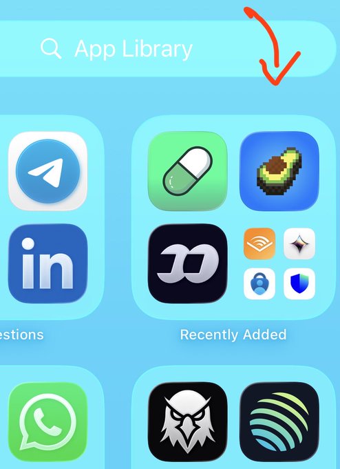 The image shows an iPhone App Library screen displaying categories like "Recently Added" with apps including Telegram, LinkedIn, WhatsApp, Duolingo, and various other icons under a search bar labeled "App Library" with a red arrow pointing downward. The caption "Things are becoming a reality. Promises are being fulfilled. Keep clicking." suggests anticipation about new app features or updates being progressively released, aligning with the App Library view showcasing newly added applications.