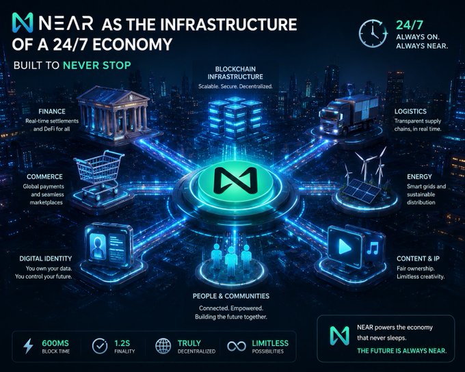 An infographic titled 'NEAR AS THE INFRASTRUCTURE OF A 24/7 ECONOMY BUILT TO NEVER STOP' showcasing blockchain applications across finance, logistics, energy, commerce, content, digital identity, and people, highlighting 600ms block time and 1.2s finality.