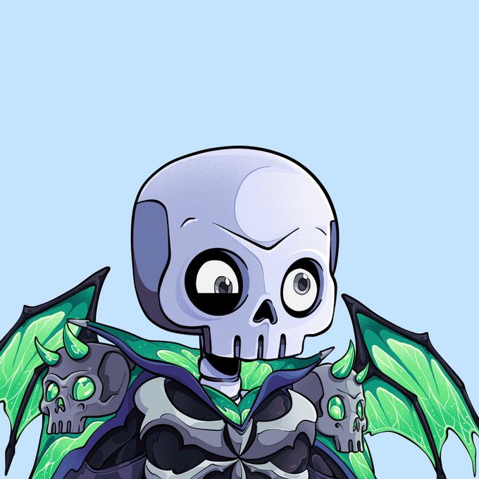 A cartoon-style illustration of a skeletal character with a large skull head, big eyes, and green bat-like wings wearing ornate dark armor, set against a light blue background.