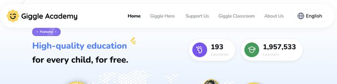 A screenshot of the 'Giggle Academy' website homepage featuring the slogan 'High-quality education for every child, for free' and statistics showing '193 Countries' and '1,957,533 Learners'.
