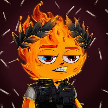 A cartoon character with a flaming head wearing a laurel wreath and tactical vest, surrounded by falling bullet casings against a dark background.