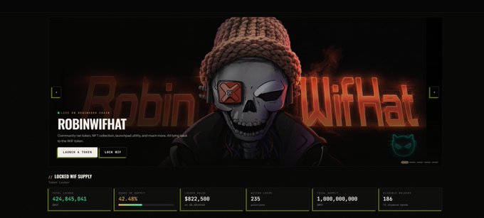 A crypto meme coin website for 'ROBINWIFHAT' featuring a skull character wearing a beanie with the text 'LIKE IN ROBINHOOD COINS' and NFT collection statistics below.