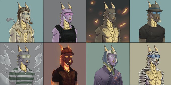 A 2x4 grid showing eight different illustrated variations or outfits for a humanoid dragon character with horns and scales, including looks with a pilot cap, tactical vest, fedora, and glowing goggles.