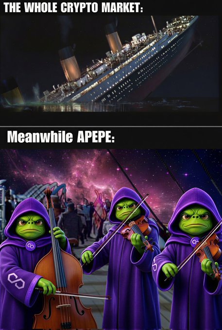The image features a cartoon illustration of three green monsters dressed in purple robes, each holding an instrument - a cello, a violin, and a flute. The monsters are positioned in front of a large ship that appears to be sinking or falling into the ocean. The caption below the illustration reads "From day one to today, APEPE on Polygon keeps proving that strong communities outlast every market cycle".