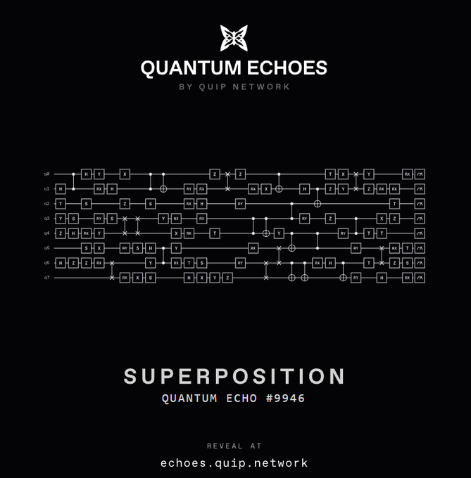 A digital graphic titled 'QUANTUM ECHOES BY QUIP NETWORK' displays a complex quantum circuit diagram with the text 'SUPERPOSITION QUANTUM ECHO #9946' and 'REVEAL AT echoes.quip.network'.