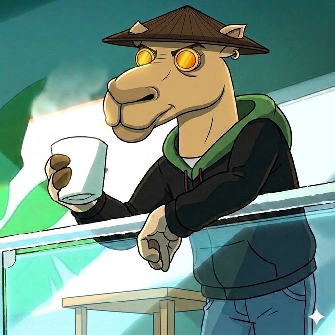 A digital illustration of an anthropomorphic camel character with glowing yellow eyes, wearing a conical hat and a dark green hoodie, holding a steaming cup of coffee.