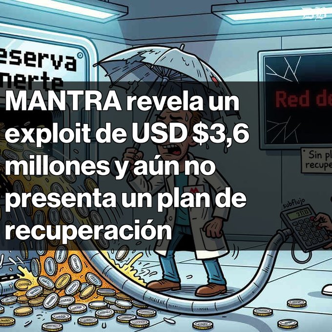 A cartoon illustration shows a man in a lab coat holding a broken umbrella while standing in a room flooded with coins pouring from a broken machine, overlaid with Spanish text reading 'MANTRA revela un exploit de USD $3,6 millones y aún no presenta un plan de recuperación'.