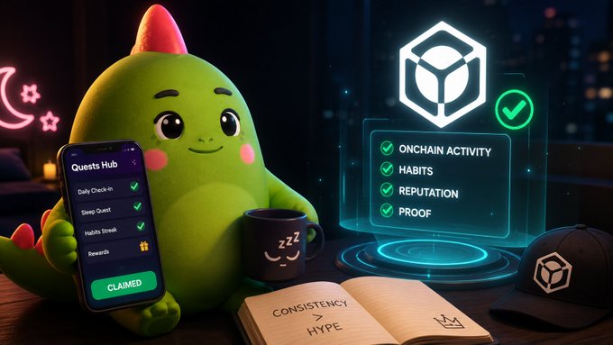 A cute green dinosaur mascot holds a phone displaying a "Quests Hub" with completed Daily Check-in, Sleep Quest, Habits Streak, and Rewards, alongside a holographic screen listing "Onchain Activity, Habits, Reputation, Proof" from Nucleus, with a notebook reading "Consistency > Hype" — visually reinforcing the post's message that the real "side quest" is building daily habit streaks on Sleepagotchi and earning verifiable onchain reputation through Nucleus rather than chasing alpha groups.