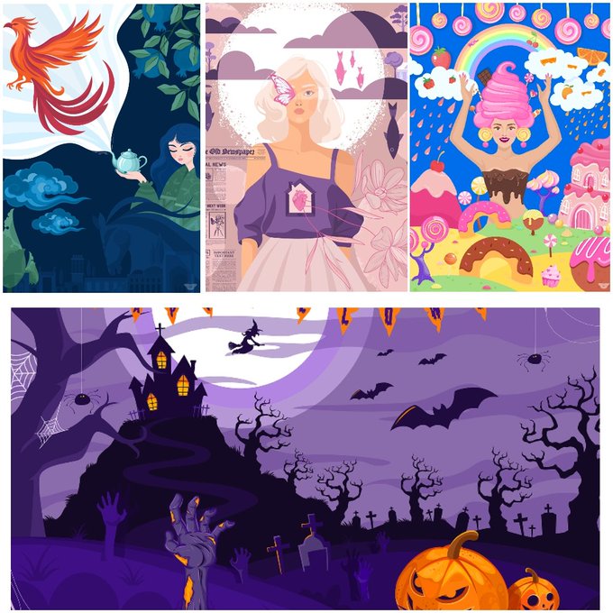 A collage of four colorful illustrations featuring a phoenix, a woman with a teapot, a woman with ice cream, and a purple Halloween scene with a haunted house, witch, and pumpkin.