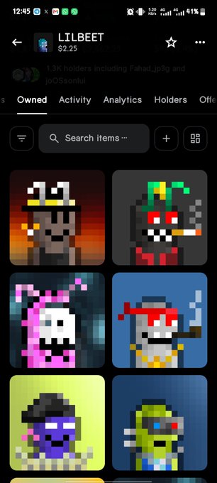 A mobile app screenshot showing the NFT collection 'LILBEET' with a price of $2.25, displaying pixel-art character thumbnails in a grid layout.