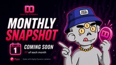 A promotional graphic reads 'MONTHLY SNAPSHOT - COMING SOON - 1st of each month' featuring a cartoon monkey character wearing a blue cap and holding coins.