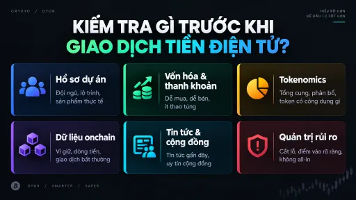 A Vietnamese educational infographic titled 'KIỂM TRA GÌ TRƯỚC KHI GIAO DỊCH TIỀN ĐIỆN TỬ?' (What to check before cryptocurrency trading?) covering project background, capital & community, tokenomics, on-chain data, news & community, and risk management.