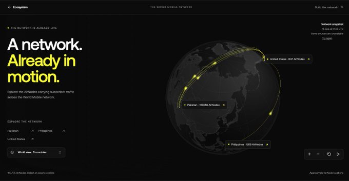 A sleek dark-themed webpage for the AirNodes network on "THE WORLD MOBILE NETWORK," featuring a glowing 3D globe with yellow data flow lines connecting marked locations in the United States (647 AirNodes), Pakistan (19,050 AirNodes), and the Philippines (120 AirNodes), while the tagline "A network. Already in motion." appears in bold white and yellow text. The post's playful "I spy with my little eye" caption invites the viewer to spot the subtle network details and map visualizations hidden within this futuristic telecom dashboard.