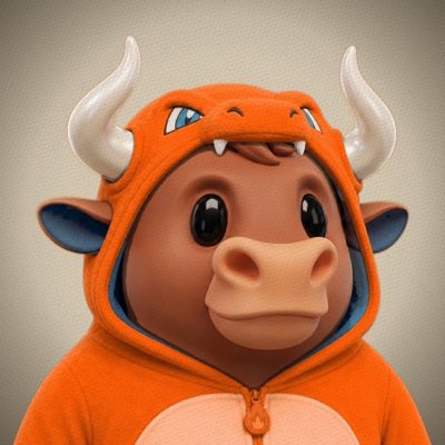 A 3D rendered cow wearing an orange dragon-style hooded outfit stares forward against a gray background.