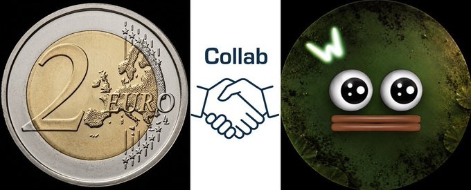 A composite image featuring a 2 Euro coin on the left, a handshake icon labeled 'Collab' in the center, and a stylized 'Monke' emoji face on a textured green background on the right.