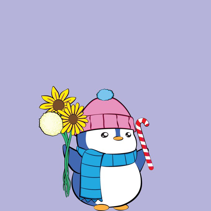 A cute cartoon penguin wearing a pink beanie and blue scarf holds a bouquet of sunflowers and a candy cane, set against a light purple background. The cheerful winter-themed character whimsically complements the post's discussion of the Pudgy Penguins NFT collection's recent surge in trends and price on Coingecko.