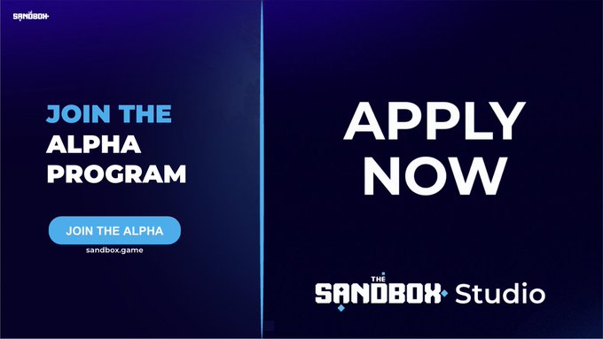 The image shows a banner with blue background, white text, and a logo for "sandbox.game" that says "join the Alpha Program now". The banner also includes an application form for joining the Alpha Program. The text on the banner indicates that the first cohort of creators is locked and building their game, while applications are open for the second cohort to join.