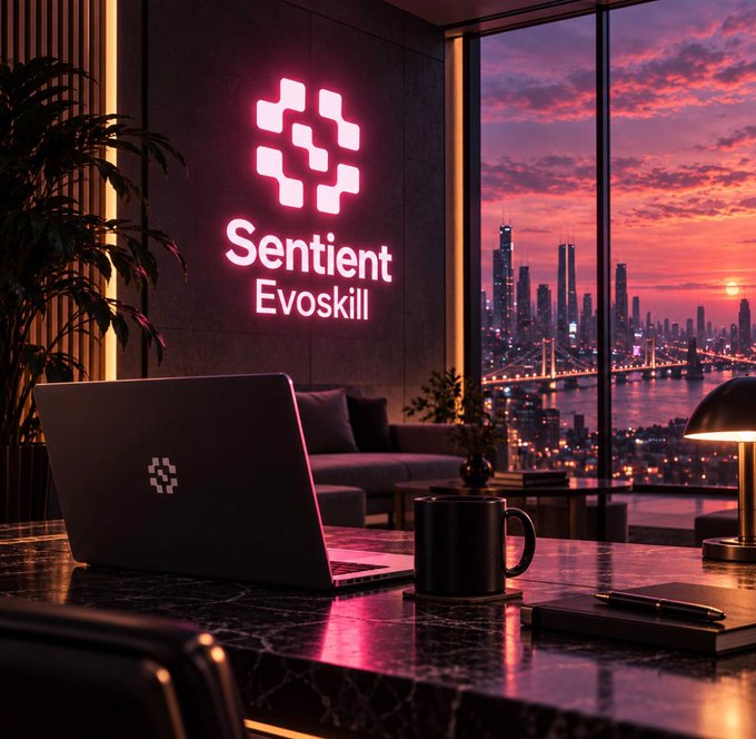 A modern office scene at sunset with a laptop on a marble desk displaying a glowing logo, with "Sentient Evoskill" branding in pink neon on the wall behind.