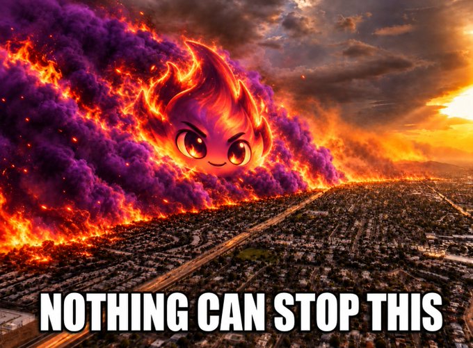 A giant flaming meme-style flame emoji with a cute face engulfs a city skyline in purple smoke and fire, captioned "NOTHING CAN STOP THIS" — perfectly matching the post "$LIT IT IS" by visually conveying unstoppable, explosive bullish momentum for the ticker $LIT.