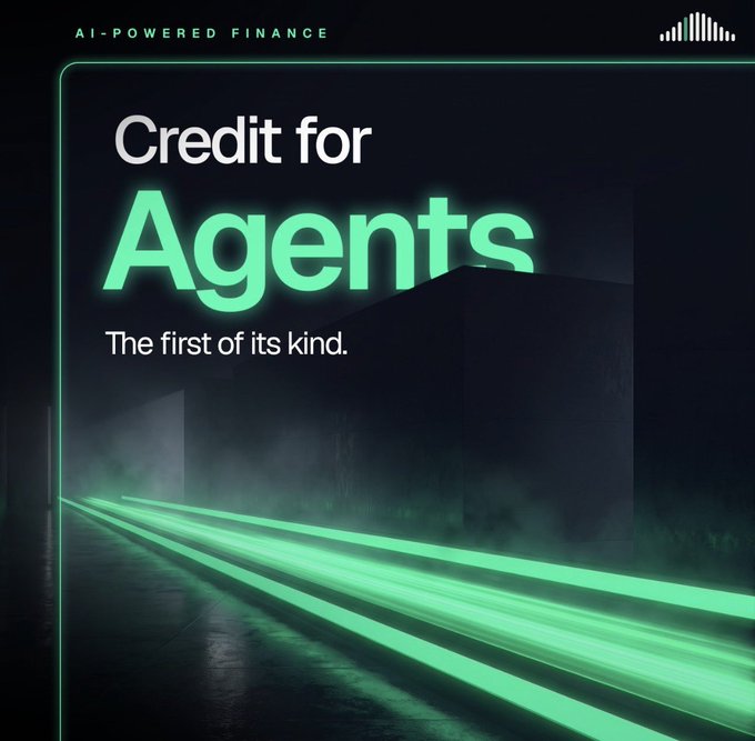 A sleek promotional graphic for @agenticscredit featuring the tagline "AI-POWERED FINANCE" and bold text "Credit for Agents — The first of its kind," set against a dark, futuristic background with glowing green laser beams, visually reinforcing the post's message about pioneering credit infrastructure for autonomous trading agents.