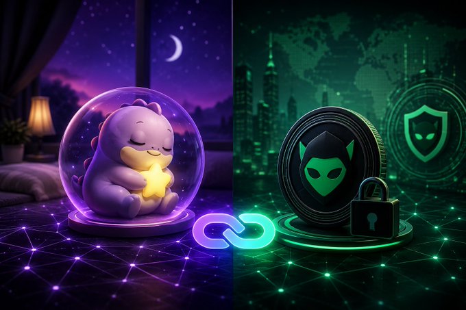 A split-screen digital illustration shows a sleeping purple creature in a crystal sphere under a crescent moon on the left, connected by a glowing chain link to a green crypto-coin with a masked face and a padlock over a city skyline on the right.