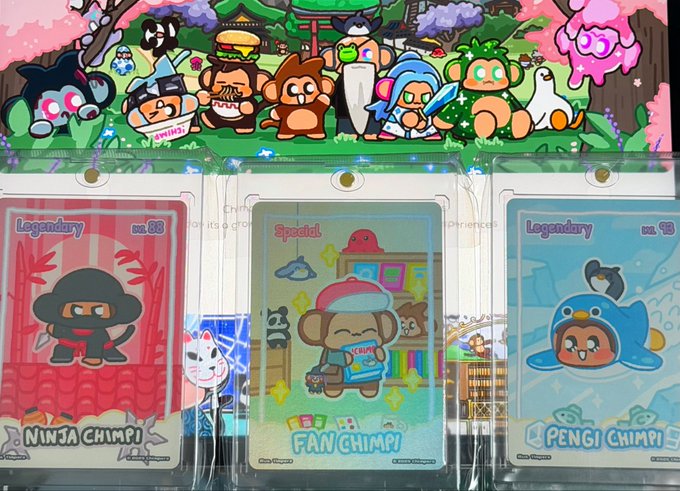 A display of Chimpi trading cards showing characters like Ninja Chimpi, Fan Chimpi, and Pengi Chimpi in various rarity tiers (Legendary, Special).