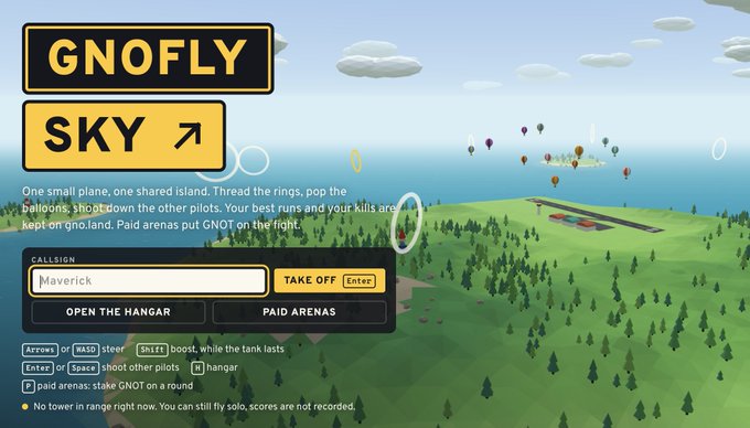 A screenshot of the GNOFLY SKY game lobby, showing a green island landscape with planes and balloons, a callsign field with 'Maverick', and gameplay instructions.