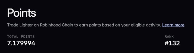 A dark-themed interface displays 'Points' earned by trading on Robinhood Chain, showing a total of 7.179994 points and a rank of #132.
