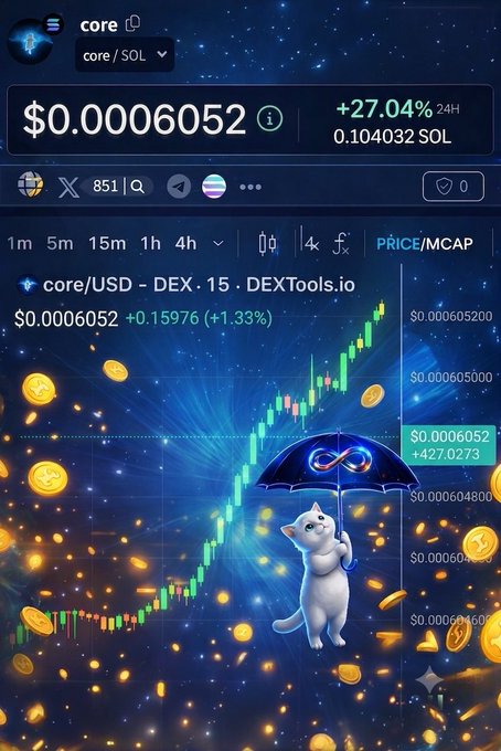 A DEXTools.io screenshot showing the 'core' token (core/USD on SOL) trading at $0.0006052 with a 24H gain of 427.02%, illustrated with a white cat holding an infinity symbol umbrella amid falling gold coins.