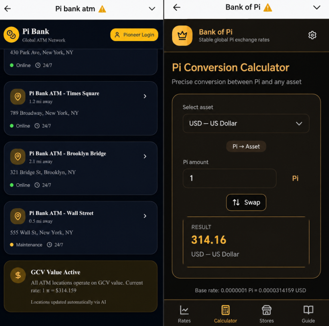 Screenshots from a 'Bank of Pi' app displaying locations of Pi Bank ATMs in New York and a conversion calculator showing 1 Pi equals approximately $314.16 USD.