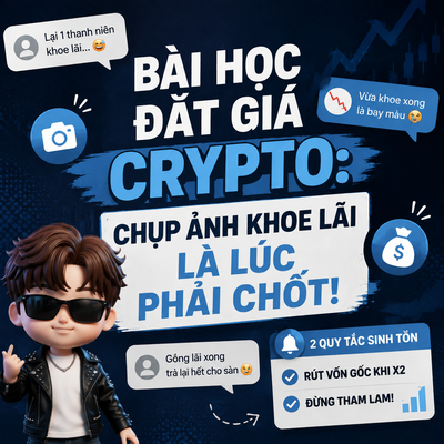The image is a Vietnamese-language crypto trading meme titled "BÀI HỌC ĐẮT GIÁ CRYPTO: CHỤP NH KHOE LÃI LÀ LÚC PHẢI CHỐT!" (Expensive Crypto Lesson: The Moment You Take Photos Showing Off Profits Is When You Should Sell), featuring a cartoon character in sunglasses alongside chat bubble captions like "Lại 1 thanh niên khoe lãi" and "Vừa khoe xong là bay màu," with a sidebar listing "2 QUY TẮC SINH TỒN: Rút vốn gốc khi X2" and "DỪNG THAM LAM." It visually reinforces the post's warning about greed in crypto trading, illustrating the common pitfall of new investors who brag about profits only to end up losing them back to the exchange.