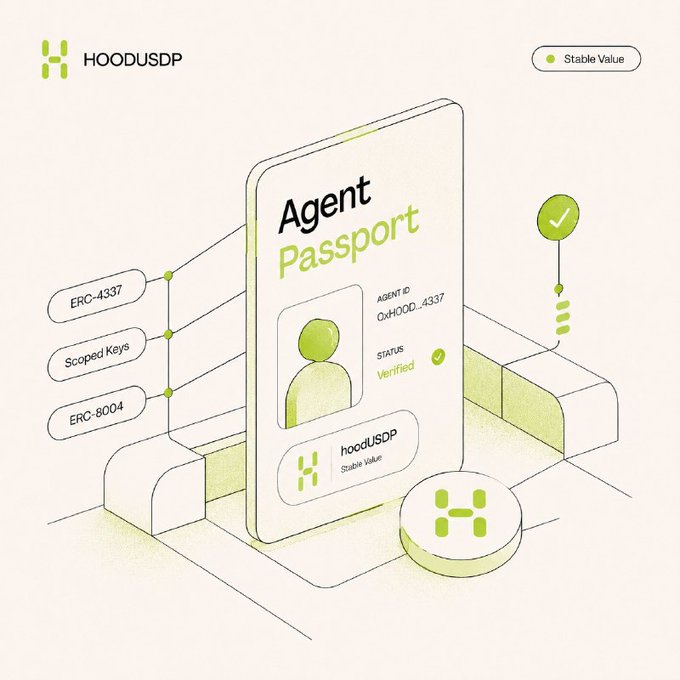 Hood USDP 'Agent Passport' graphic showing a digital ID card for Agent ID 0xHOOD...4337 with a verified status, tagged with ERC-4337, Scoped Keys, and ERC-8004.