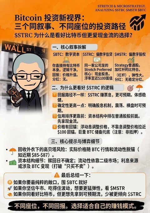 An infographic titled 'Bitcoin 投资新视界' compares $BTC, $STRC, and $MSTR investments, featuring a cartoon of a Wall Street figure and explaining why $STRC may be preferred for income and predictability.