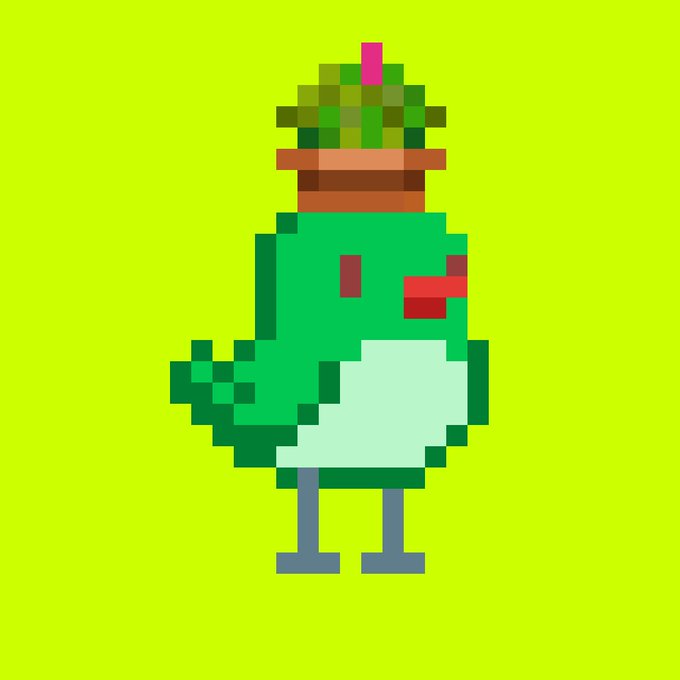 A pixel-art green bird character with a cactus-style flower pot "hat" featuring a pink bloom, standing on a bright yellow-green background—an example of the custom honorary bird NFT that top holders can apply to have made from their profile picture.