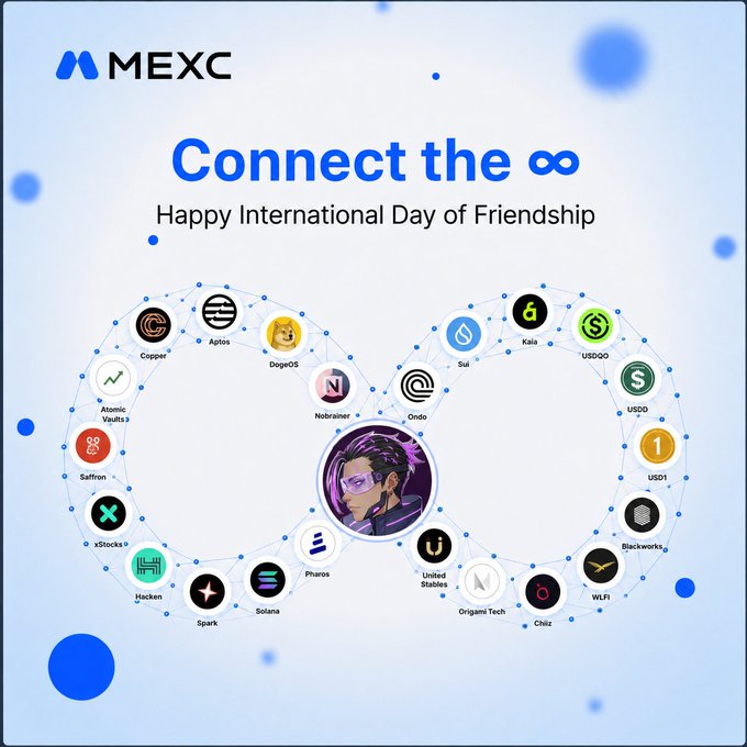 The image is a MEXC promotional graphic for International Day of Friendship featuring the tagline "Connect the ∞" and showcasing various cryptocurrency tokens (including Aptos, DogeOS, Ondo, Sui, Kava, USDO, USDD, USDS, USDD, xStocks, Solana, Phanes, United States, Origami Tech, Chilz, WLFI, Blockworks, and Hacken) arranged in an infinity symbol with a central illustration of a person in sunglasses. It complements the post's sentiment by visually representing how crypto connections form an endless, interconnected network of community and relationships.