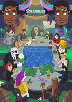 The image is a vibrant illustration featuring a diverse group of characters gathered around a table playing a game, with two large faces wearing "SOLANGELES" headbands in the background and a blue city plan on the table. The text "SOLANGELES" appears prominently at the top and on the map, tying directly into the post's hashtag and highlighting the artist's NFT collection work.