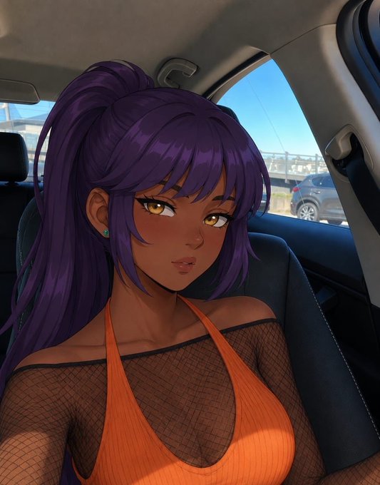 An anime-style digital illustration of a woman with long purple hair in a high ponytail, dark skin, and golden eyes, wearing an orange halter top with black mesh, sitting inside a car.