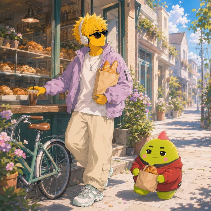 An anime-style illustration of a character with yellow hair, sunglasses, and headphones holding a paper bag of bread outside a bakery, accompanied by a small green creature also carrying a bag of bread.