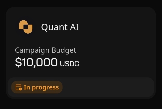 The image shows a close-up view of an app screen displaying text about a Quant AI campaign budget. The app displays information about an ongoing campaign with a USDC value of $10,000.