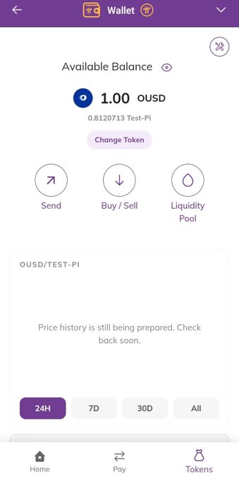 A mobile wallet screen shows an Available Balance of 1.00 OUSD (equivalent to 0.8120713 Test-Pi) with options to Send, Buy/Sell, and access Liquidity Pool, illustrating OpenPay's new feature allowing users to send OUSD directly to a Pi Wallet.
