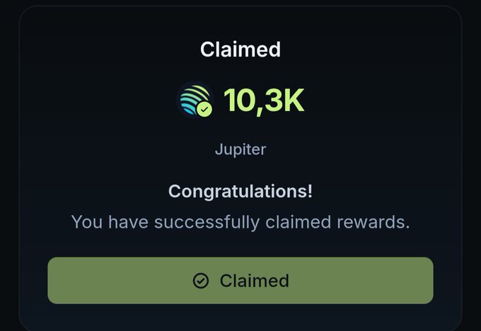 A confirmation screen showing "Claimed" status for 10.3K Jupiter ($JUP) ASR rewards, with a success message reading "Congratulations! You have successfully claimed rewards." This image illustrates the poster's celebration of claiming their staked Jupiter rewards, supporting their bullish statement about the $JUP token and the Jupiter Exchange project.
