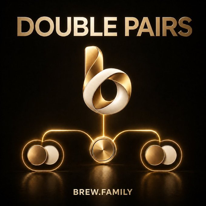 A promotional graphic for "DOUBLE PAIRS" featuring a glowing gold and silver abstract logo resembling interconnected rings or coins, displayed above a diagram of connected token nodes, with "BREW.FAMILY" branding at the bottom—visually emphasizing the platform's ability to support multiple token pair launches, as referenced in the post about $BREW's potential and versatility.