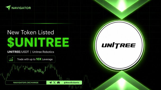 A promotional graphic for Navigator Exchange announcing a new token listing for $UNITREE (UNITREE/USDT) by Unitree Robotics, offering up to 10X leverage trading.