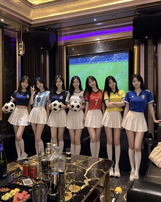 Seven young women in various national soccer jerseys and white skirts pose holding soccer balls in front of a screen showing a football match, in what appears to be a private karaoke or entertainment room.