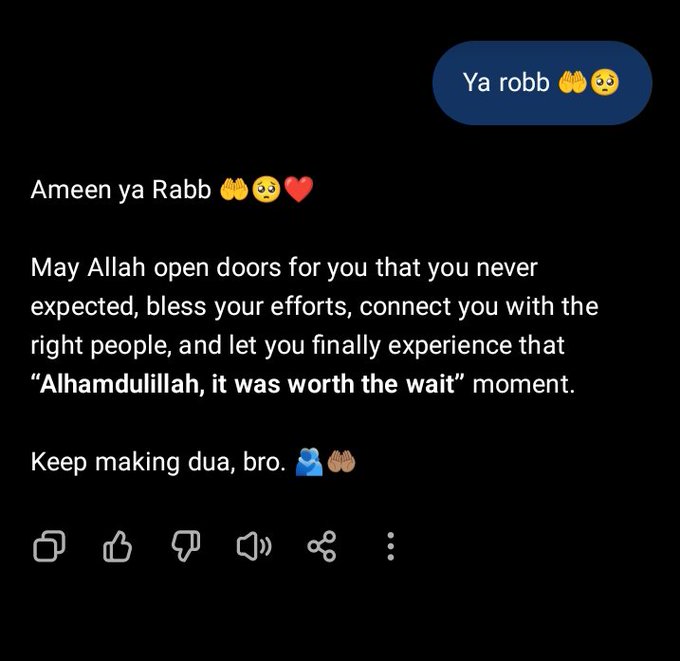 A comment screenshot where someone replies "Ameen ya Rabb 🤲😔❤️" to another's "Ya robb 🤲😔," offering an encouraging dua that "May Allah open doors for you... and let you finally experience that 'Alhamdulillah, it was worth the wait' moment. Keep making dua, bro." The supportive reply directly echoes the post's theme of enduring hardship while patiently holding onto hope and faith.